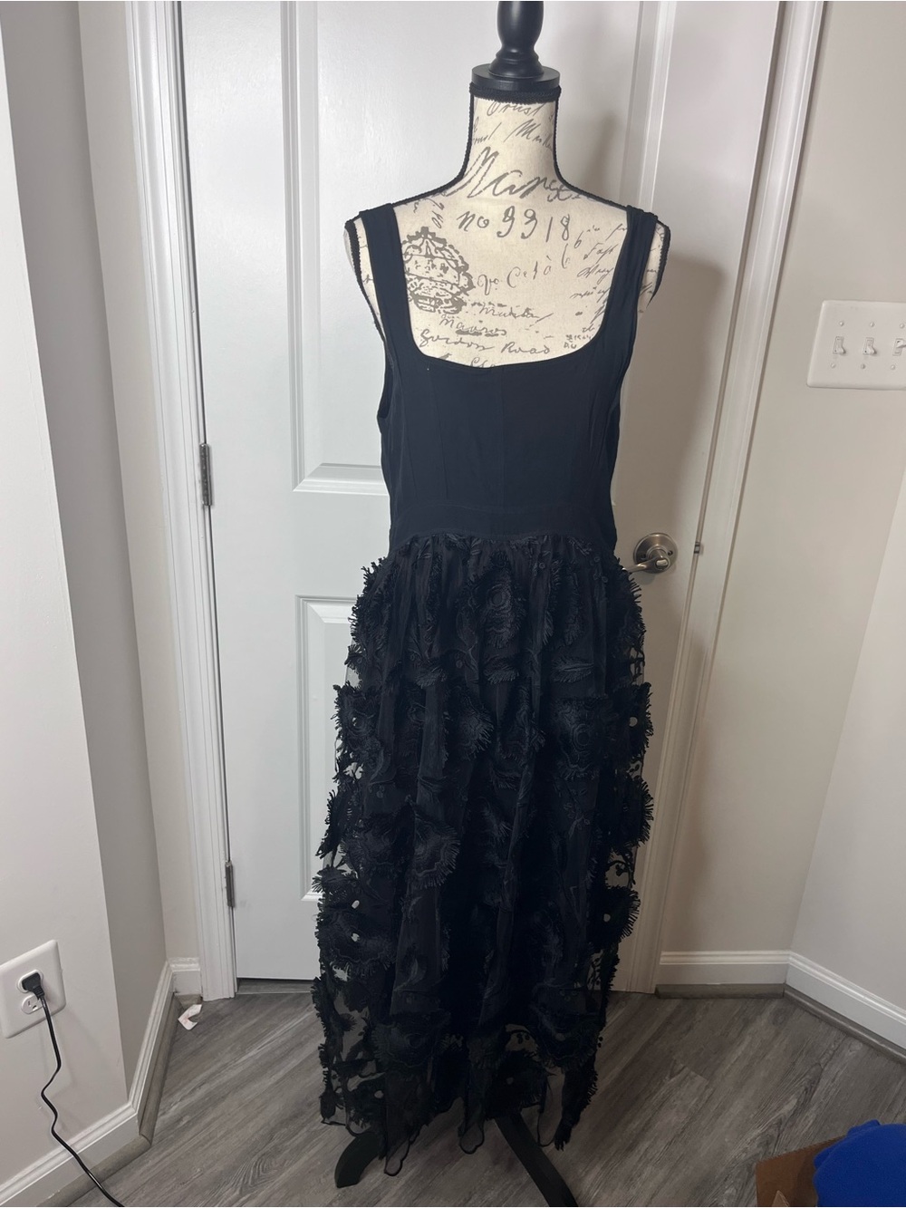 Anthropologie Black Sleeveless Maxi Dress with Textured Floral Skirt